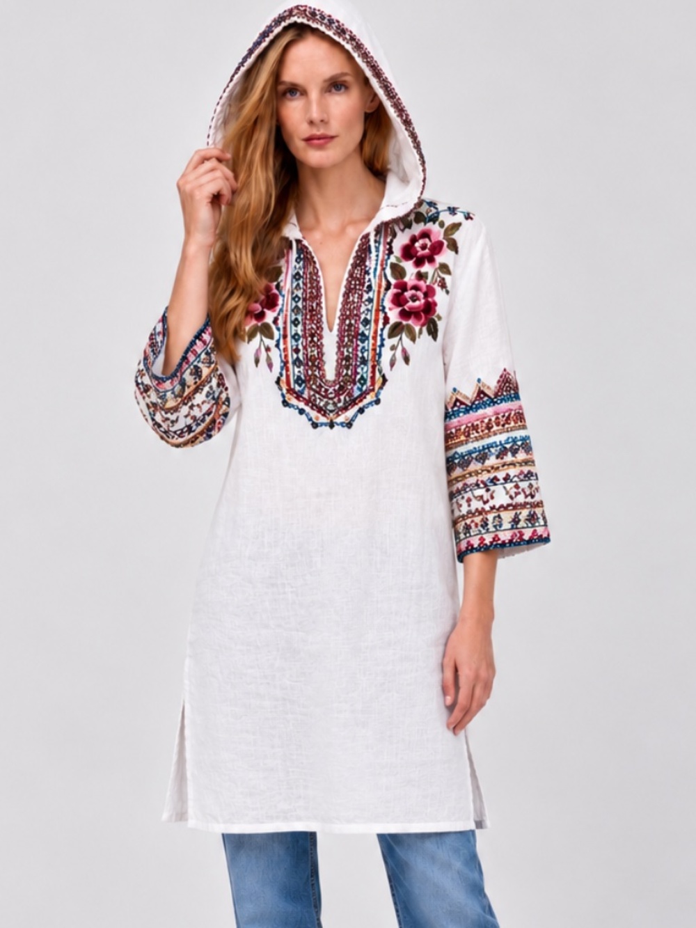 Johnny Was JWLA Langley Linen Embroidered Hooded Tunic Dress Medium